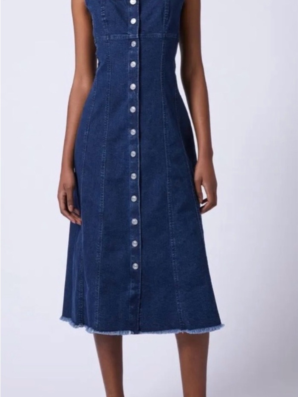 French Connection Arywode Dark Blue Denim Fray Hem Button-Front Midi Dress